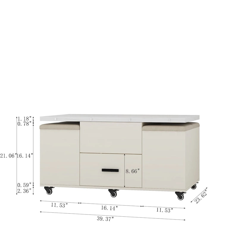 Table basse relevable jaune clair avec 4 tabourets et 2 tiroirs, 4 places