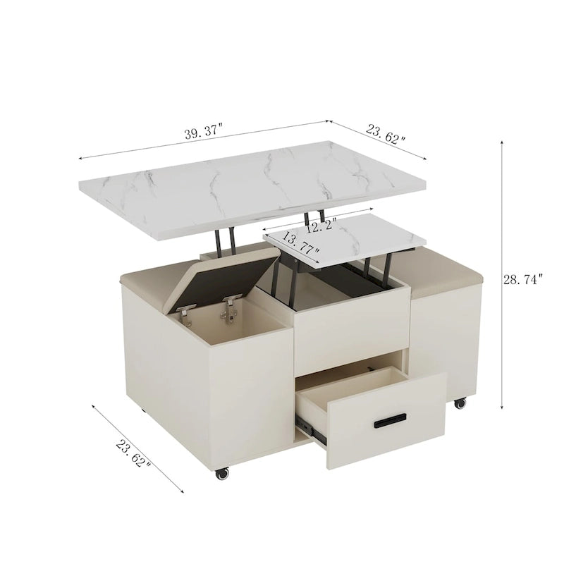 Table basse relevable jaune clair avec 4 tabourets et 2 tiroirs, 4 places