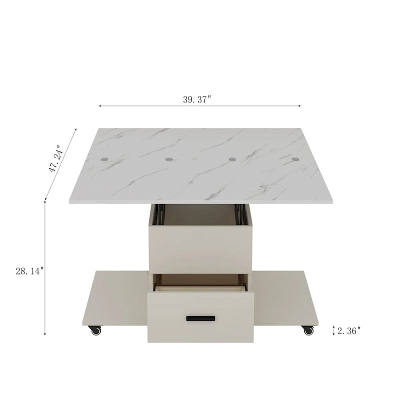Table basse relevable jaune clair avec 4 tabourets et 2 tiroirs, 4 places
