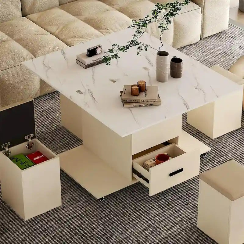 Table basse relevable jaune clair avec 4 tabourets et 2 tiroirs, 4 places