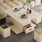 Table basse relevable jaune clair avec 4 tabourets et 2 tiroirs, 4 places