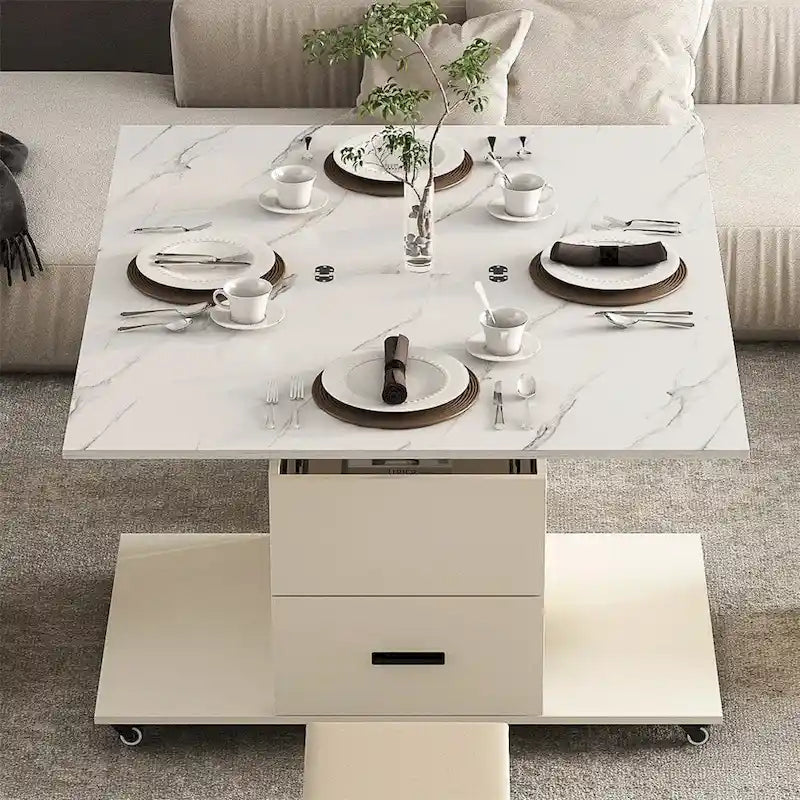 Table basse relevable jaune clair avec 4 tabourets et 2 tiroirs, 4 places