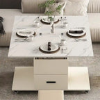 Table basse relevable jaune clair avec 4 tabourets et 2 tiroirs, 4 places