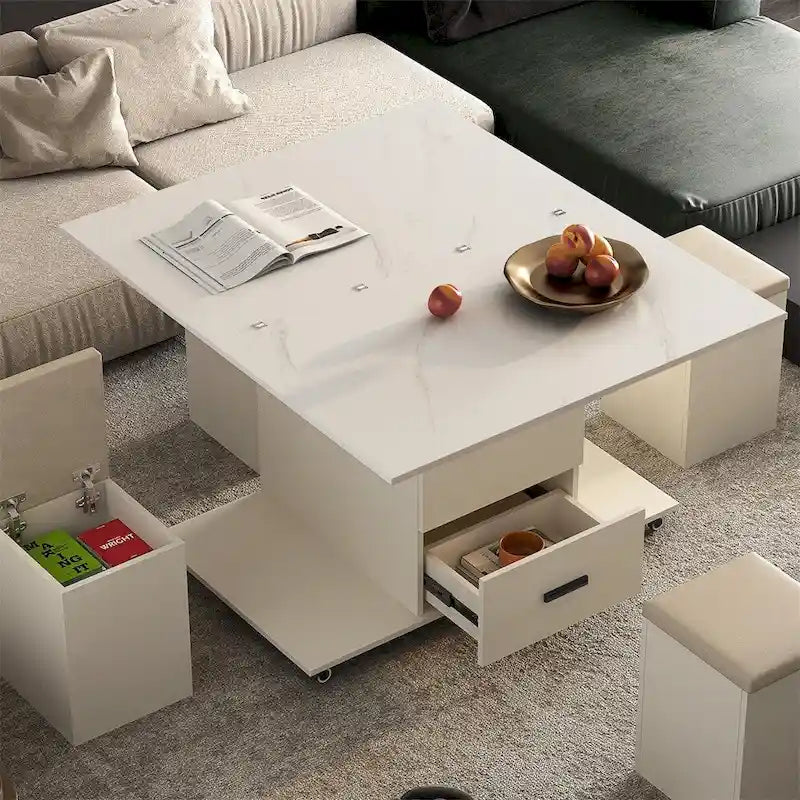 Table basse relevable jaune clair avec 4 tabourets et 2 tiroirs, 4 places