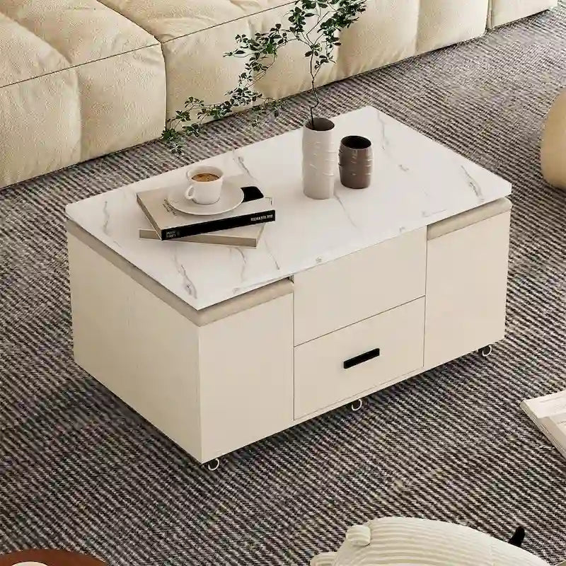 Table basse relevable jaune clair avec 4 tabourets et 2 tiroirs, 4 places