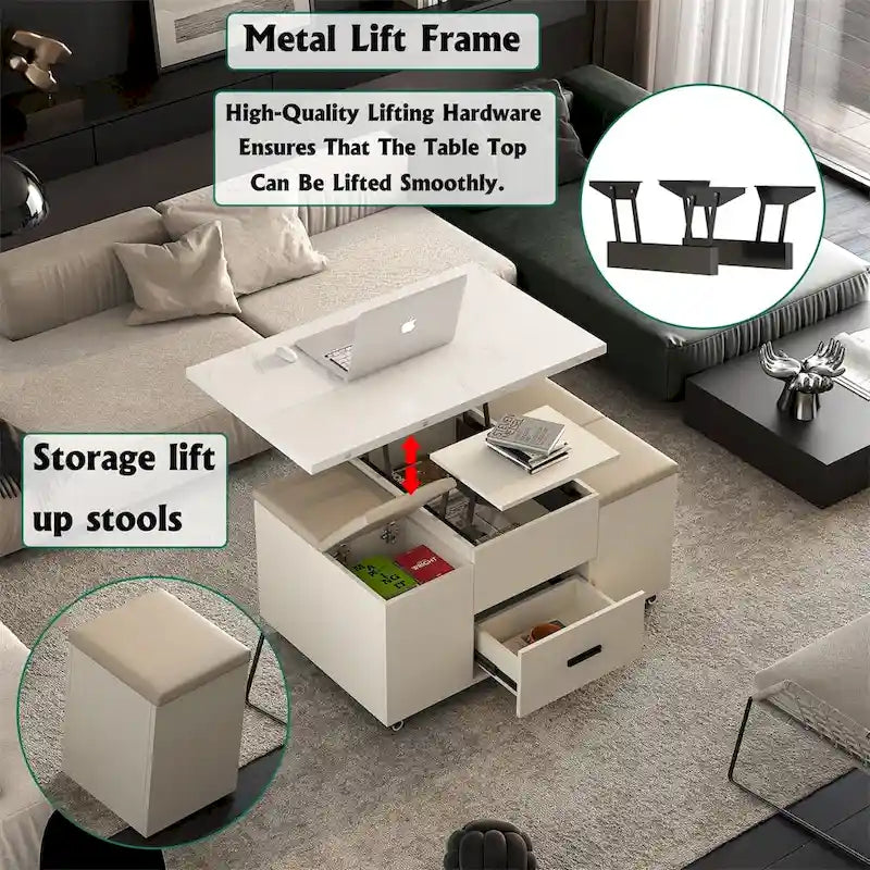 Table basse relevable jaune clair avec 4 tabourets et 2 tiroirs, 4 places