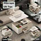Table basse relevable jaune clair avec 4 tabourets et 2 tiroirs, 4 places