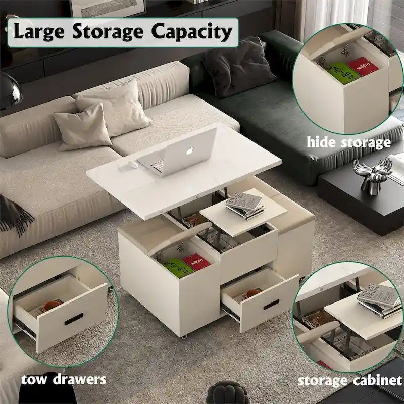 Table basse relevable jaune clair avec 4 tabourets et 2 tiroirs, 4 places