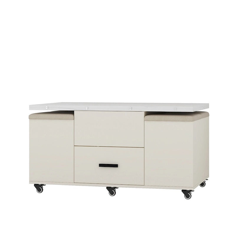 Table basse relevable jaune clair avec 4 tabourets et 2 tiroirs, 4 places