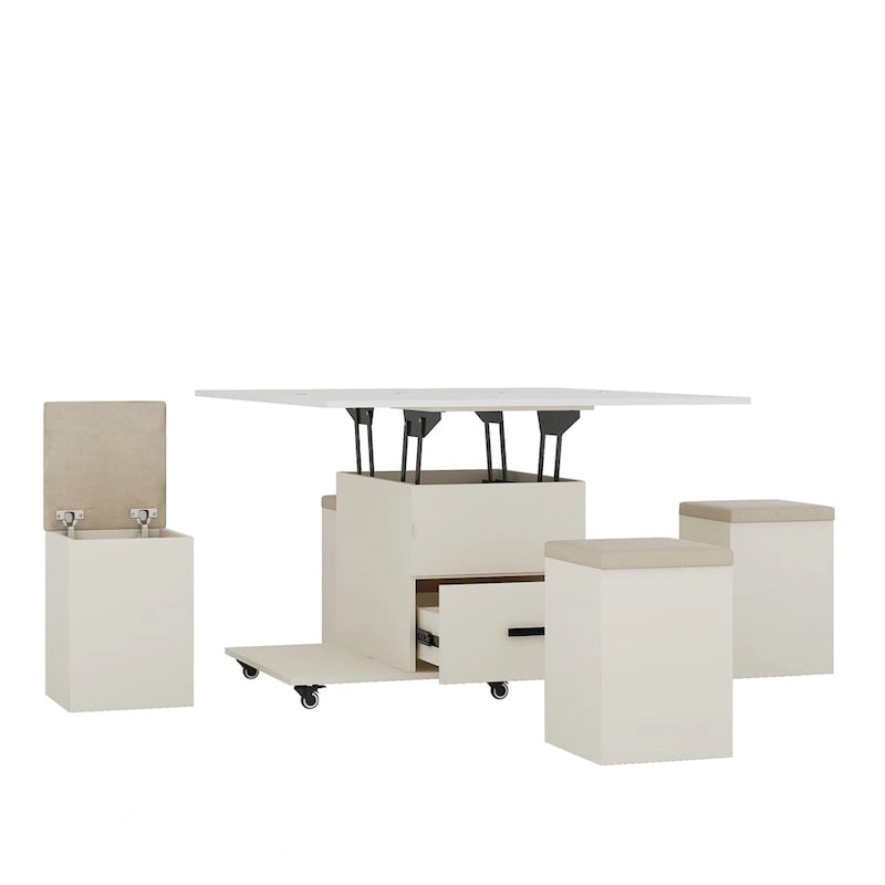 Table basse relevable jaune clair avec 4 tabourets et 2 tiroirs, 4 places