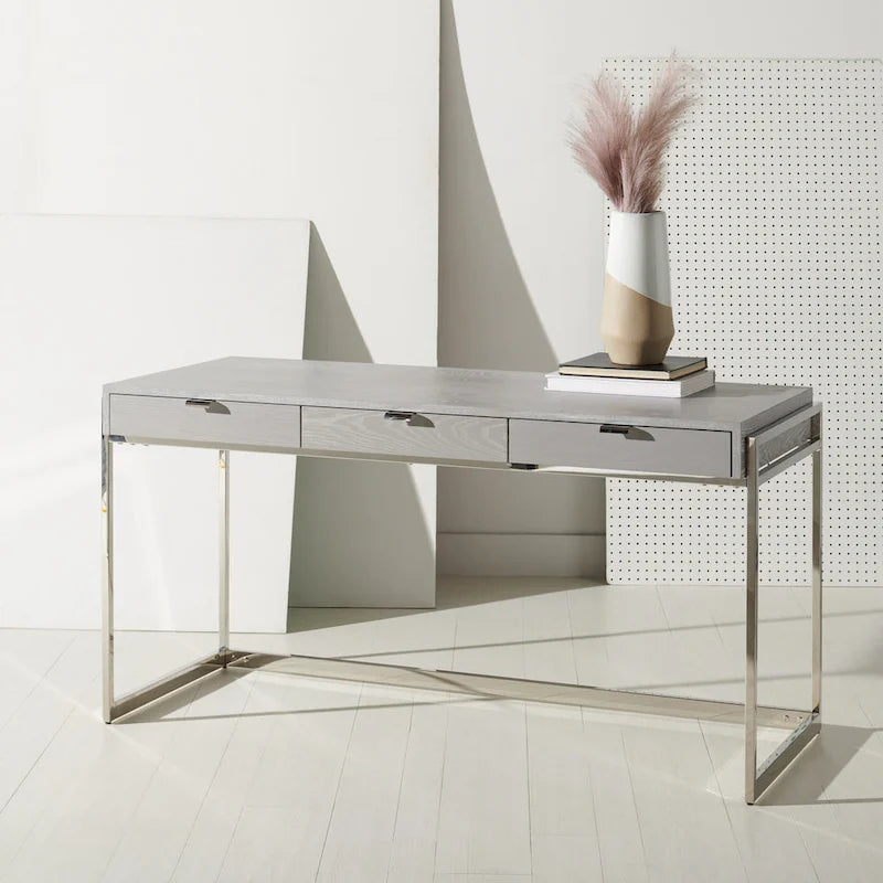 Bureau à 3 tiroirs argenté / gris clair / noyer pour 1 personne