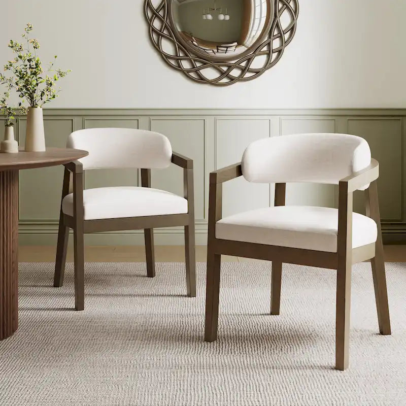 Fauteuil de salle à manger capitonné beige, dossier ouvert, lot de 2