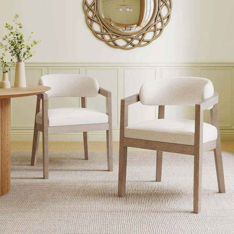 Fauteuil de salle à manger capitonné beige, dossier ouvert, lot de 2