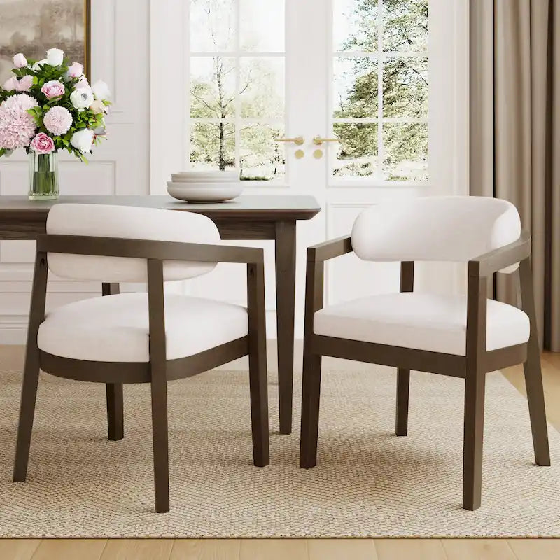 Fauteuil de salle à manger capitonné beige, dossier ouvert, lot de 2