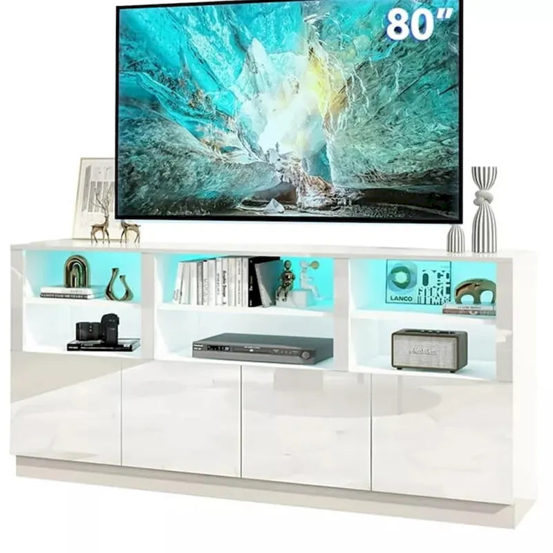 Meuble TV LED blanc haute brillance, 70 pouces, convient aux téléviseurs jusqu'à 85 pouces, 2 armoires et 3 étagères réglables