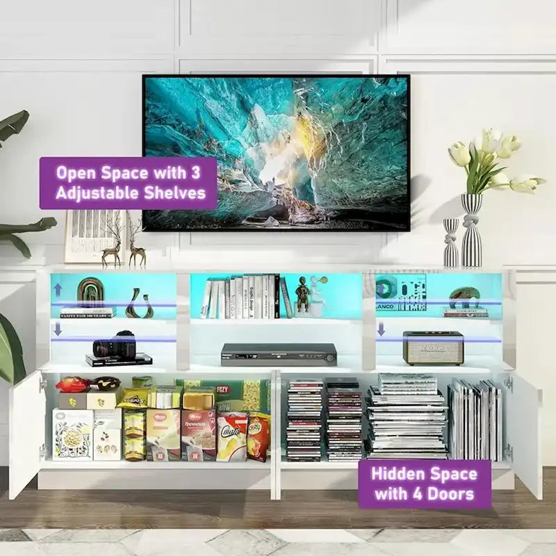 Meuble TV LED blanc haute brillance, 70 pouces, convient aux téléviseurs jusqu'à 85 pouces, 2 armoires et 3 étagères réglables