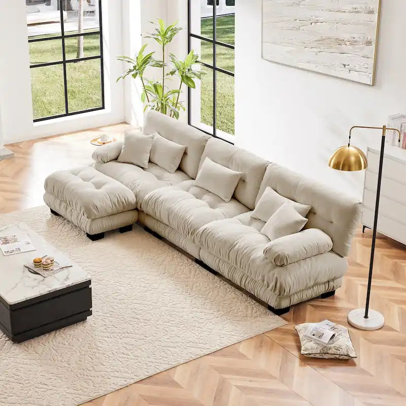 Canapé d'angle modulable en L avec ottoman — Chenille, plusieurs places (Café clair / Vert / Bleu / Gris / Rose / Blanc)