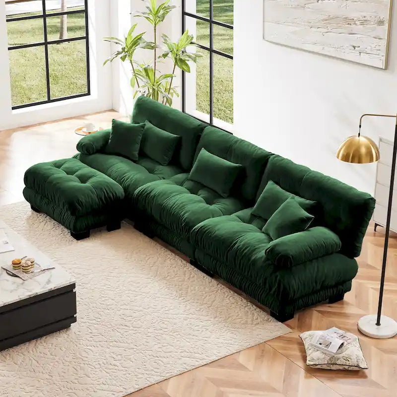 Canapé d'angle modulable en L avec ottoman — Chenille, plusieurs places (Café clair / Vert / Bleu / Gris / Rose / Blanc)