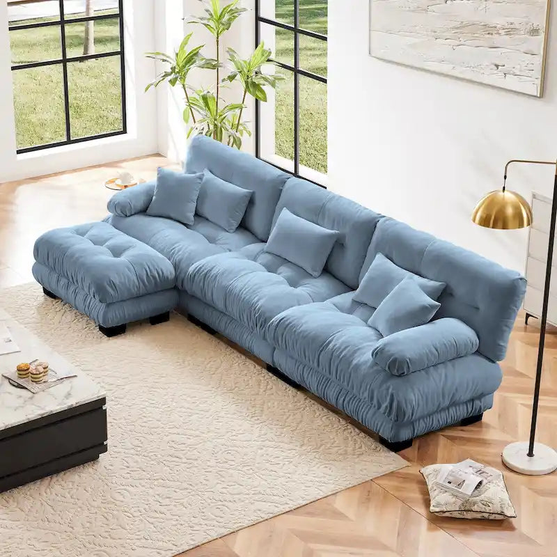 Canapé d'angle modulable en L avec ottoman — Chenille, plusieurs places (Café clair / Vert / Bleu / Gris / Rose / Blanc)