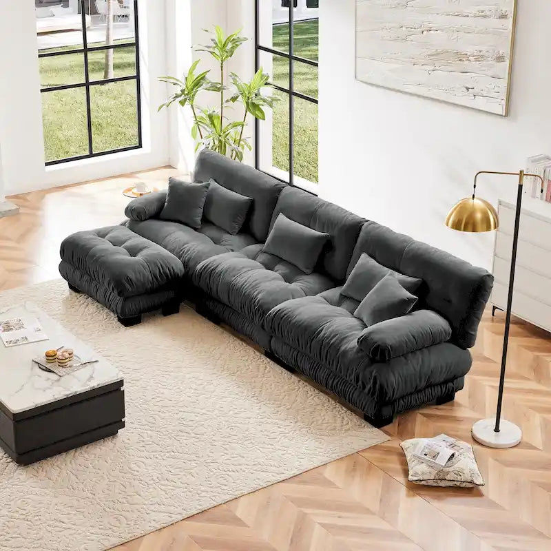Canapé d'angle modulable en L avec ottoman — Chenille, plusieurs places (Café clair / Vert / Bleu / Gris / Rose / Blanc)