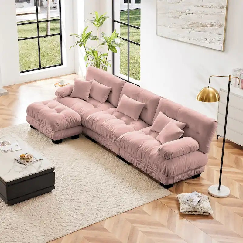 Canapé d'angle modulable en L avec ottoman — Chenille, plusieurs places (Café clair / Vert / Bleu / Gris / Rose / Blanc)