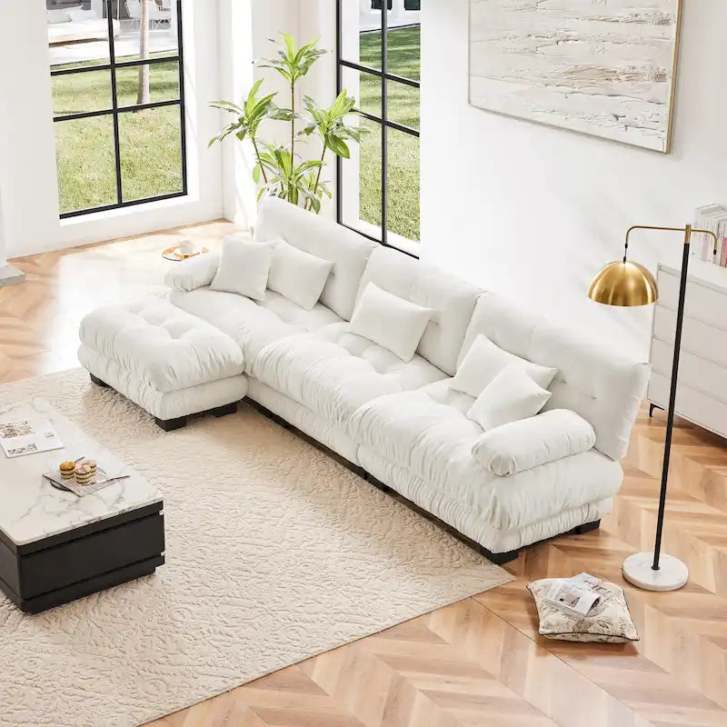 Canapé d'angle modulable en L avec ottoman — Chenille, plusieurs places (Café clair / Vert / Bleu / Gris / Rose / Blanc)