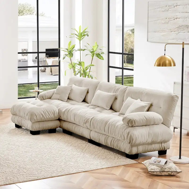 Canapé d'angle modulable en L avec ottoman — Chenille, plusieurs places (Café clair / Vert / Bleu / Gris / Rose / Blanc)