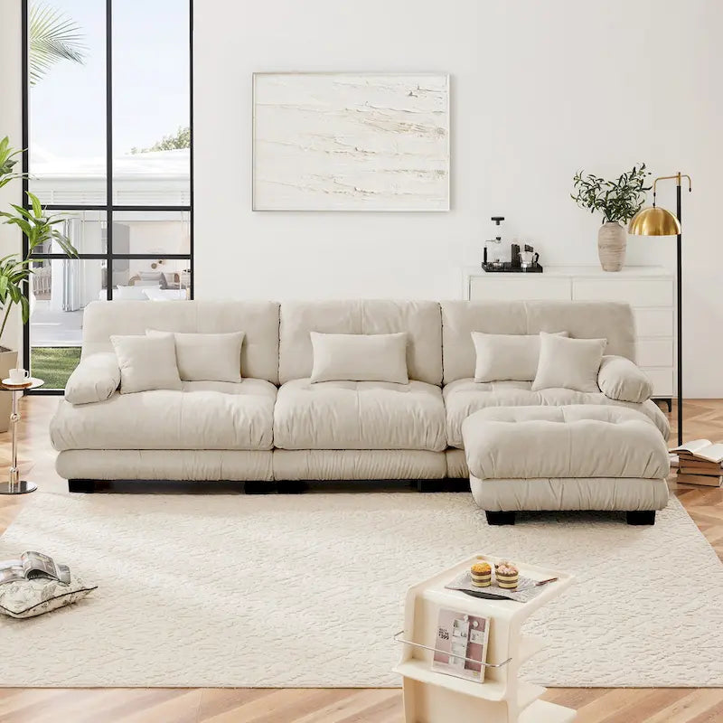 Canapé d'angle modulable en L avec ottoman — Chenille, plusieurs places (Café clair / Vert / Bleu / Gris / Rose / Blanc)
