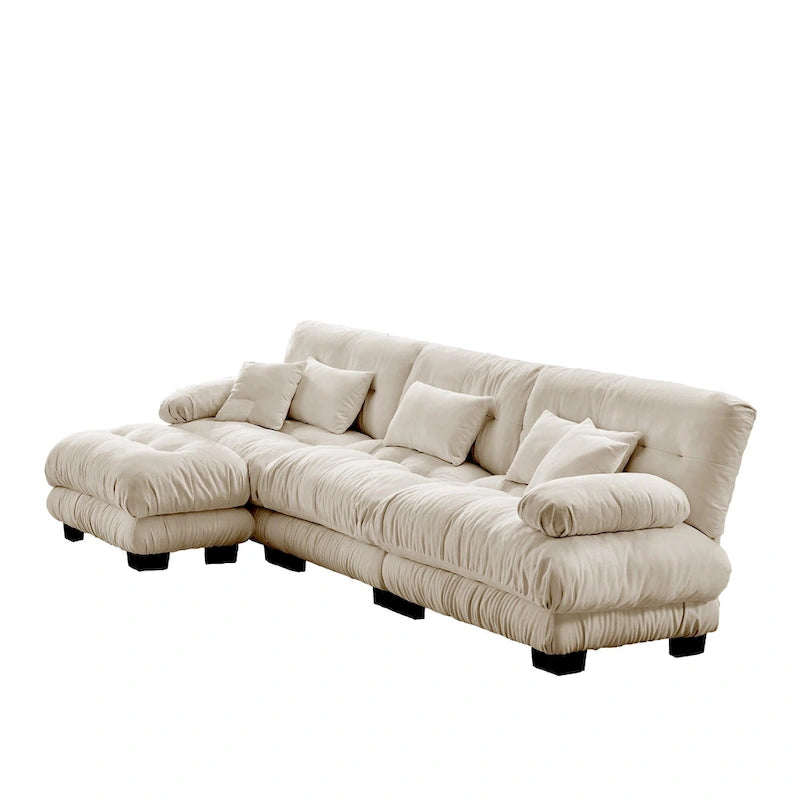 Canapé d'angle modulable en L avec ottoman — Chenille, plusieurs places (Café clair / Vert / Bleu / Gris / Rose / Blanc)