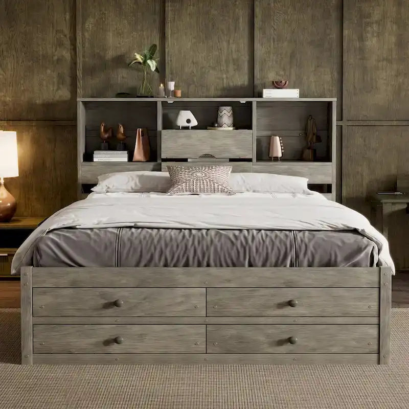 Lit plateforme gris queen avec tête de lit de rangement et 8 tiroirs