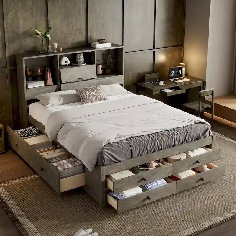 Lit plateforme gris queen avec tête de lit de rangement et 8 tiroirs