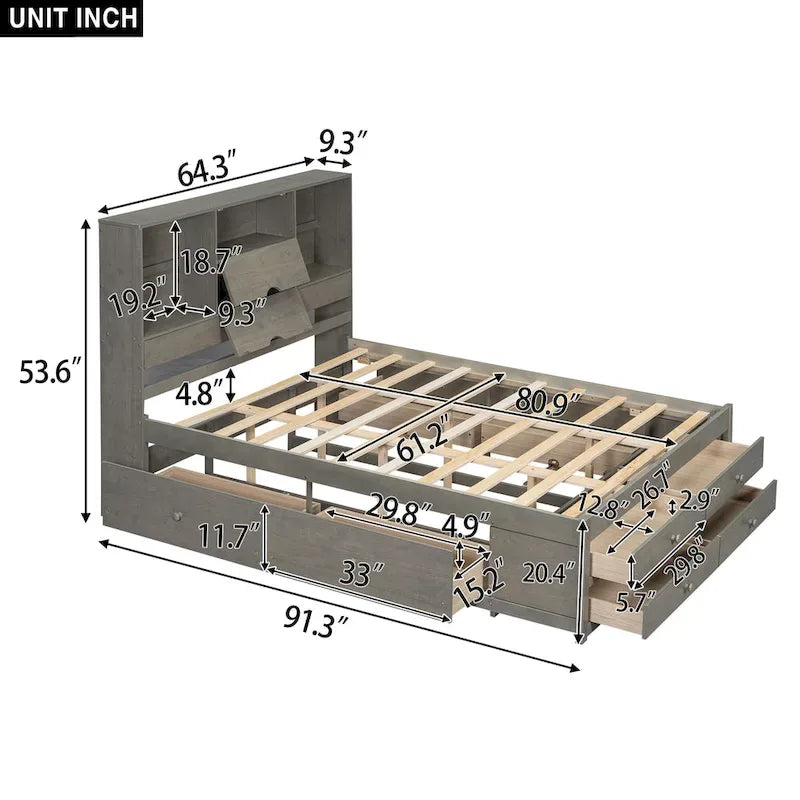 Lit plateforme gris queen avec tête de lit de rangement et 8 tiroirs