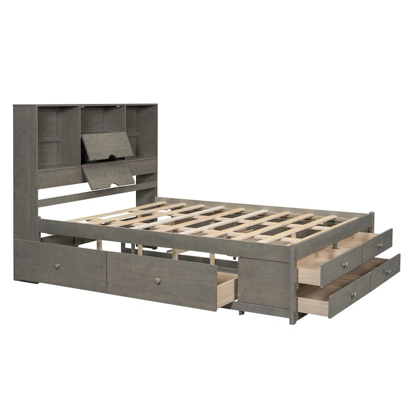 Lit plateforme gris queen avec tête de lit de rangement et 8 tiroirs
