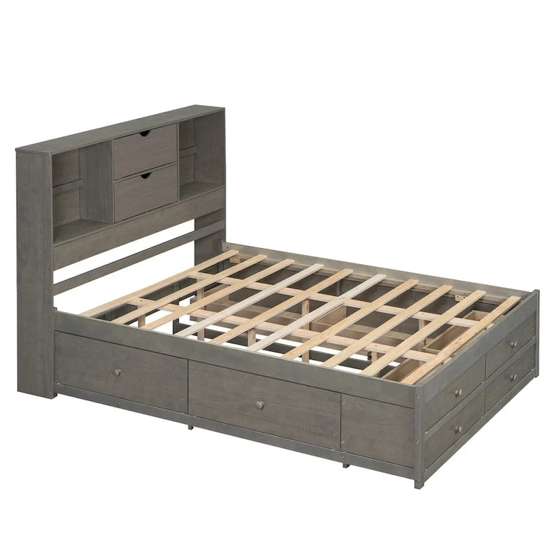Lit plateforme gris queen avec tête de lit de rangement et 8 tiroirs