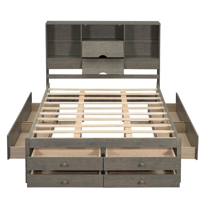 Lit plateforme gris queen avec tête de lit de rangement et 8 tiroirs