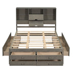 Lit plateforme gris queen avec tête de lit de rangement et 8 tiroirs