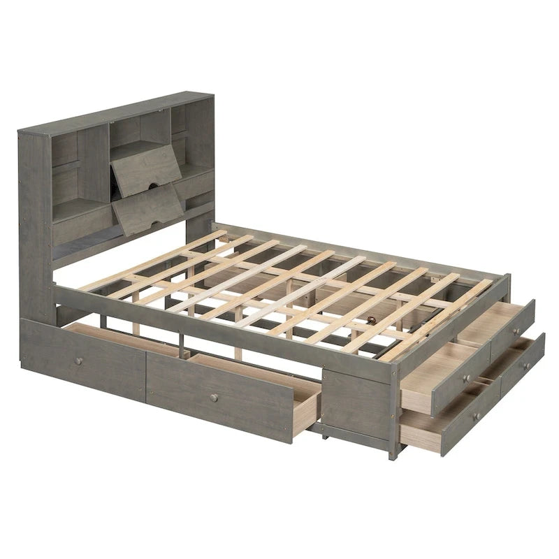 Lit plateforme gris queen avec tête de lit de rangement et 8 tiroirs