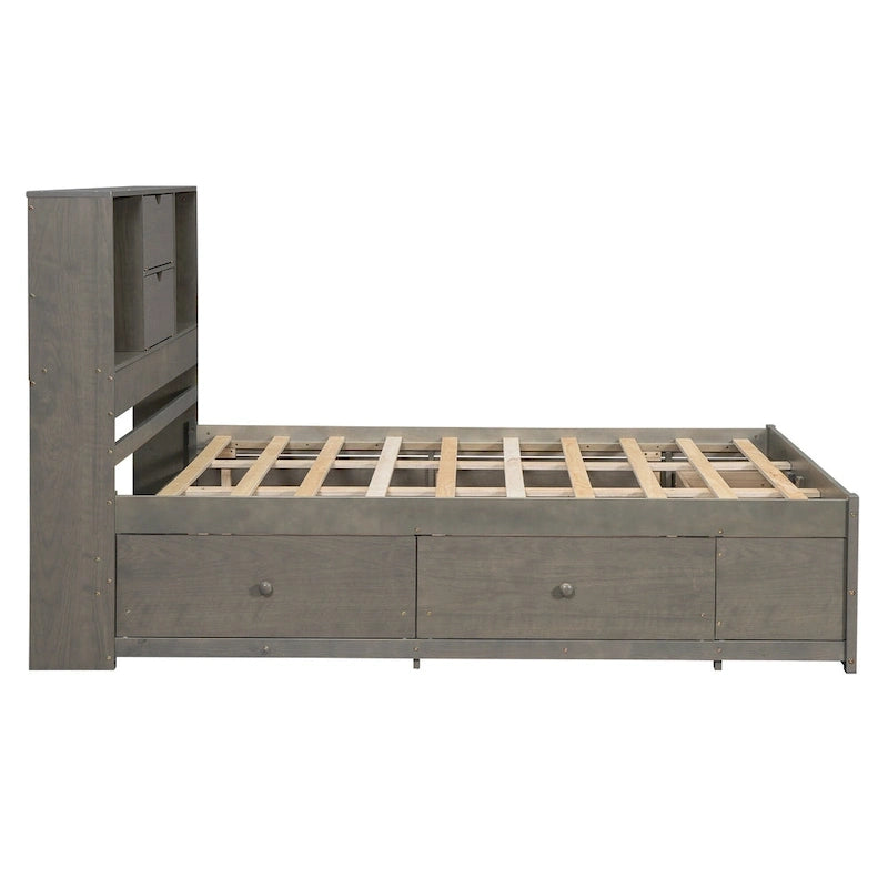Lit plateforme gris queen avec tête de lit de rangement et 8 tiroirs