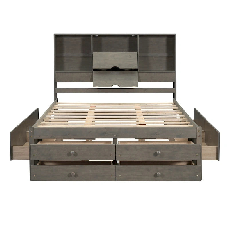 Lit plateforme gris queen avec tête de lit de rangement et 8 tiroirs