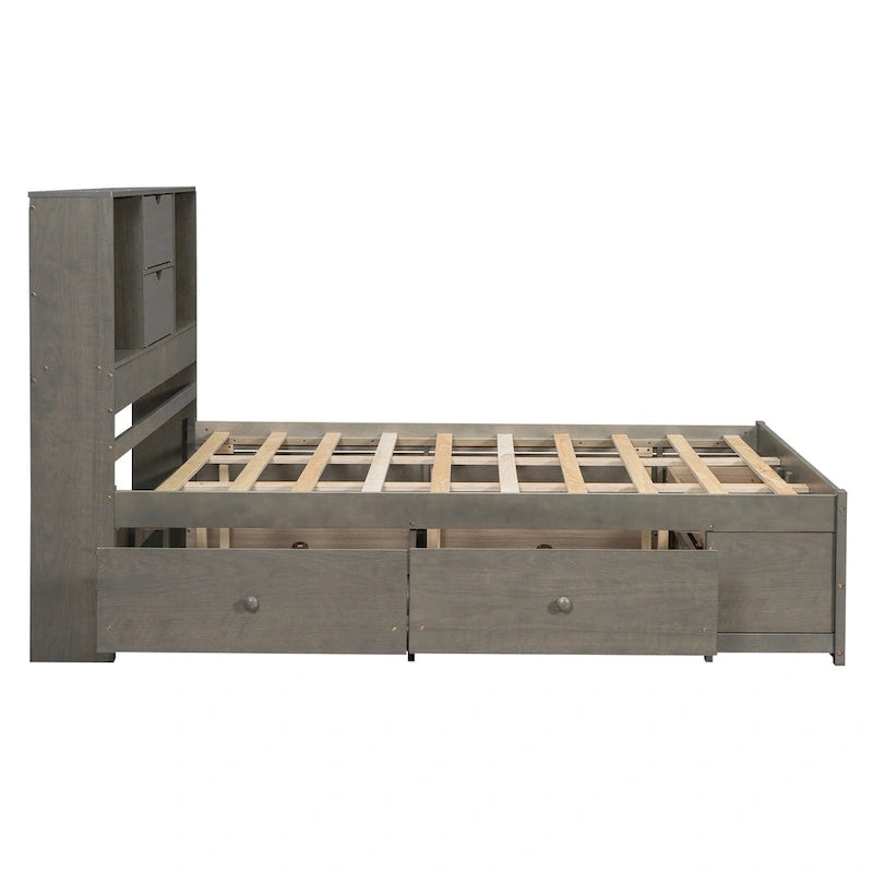 Lit plateforme gris queen avec tête de lit de rangement et 8 tiroirs