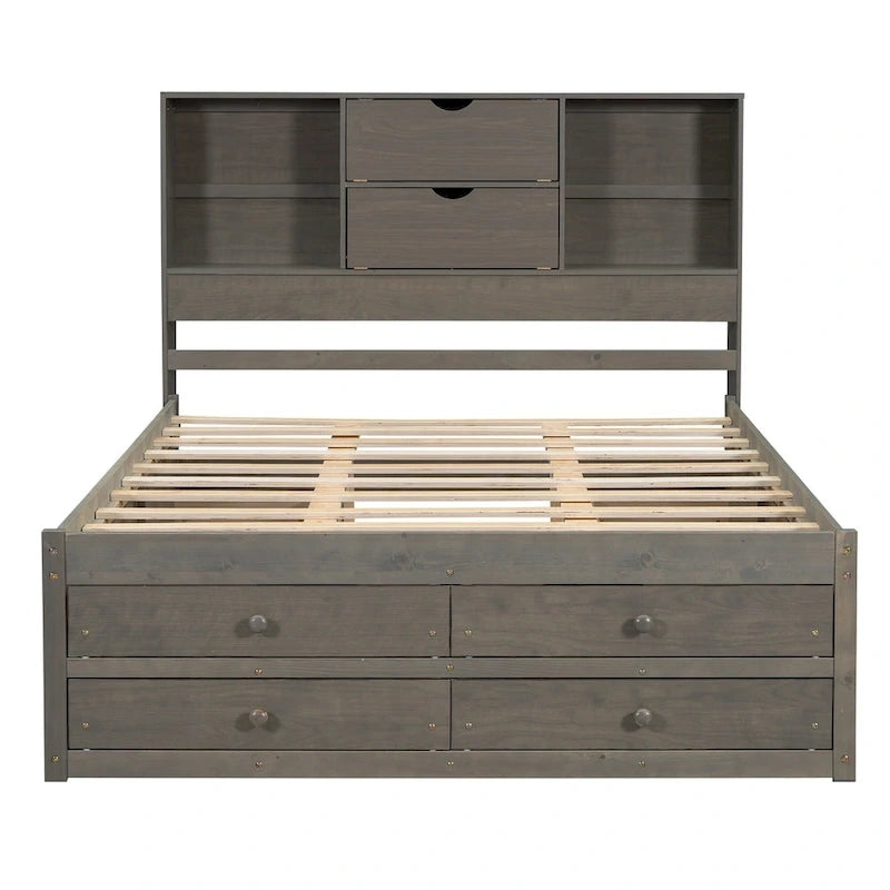 Lit plateforme gris queen avec tête de lit de rangement et 8 tiroirs