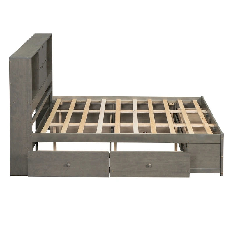 Lit plateforme gris queen avec tête de lit de rangement et 8 tiroirs