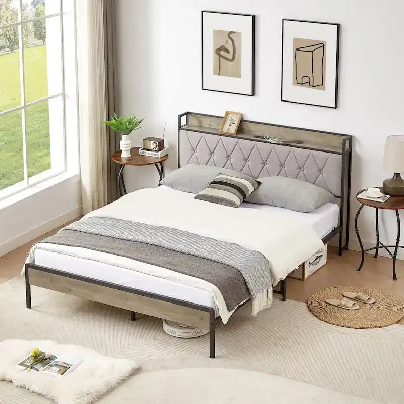 Lit plateforme Queen gris avec tête de lit de rangement, assemblage par 1 personne