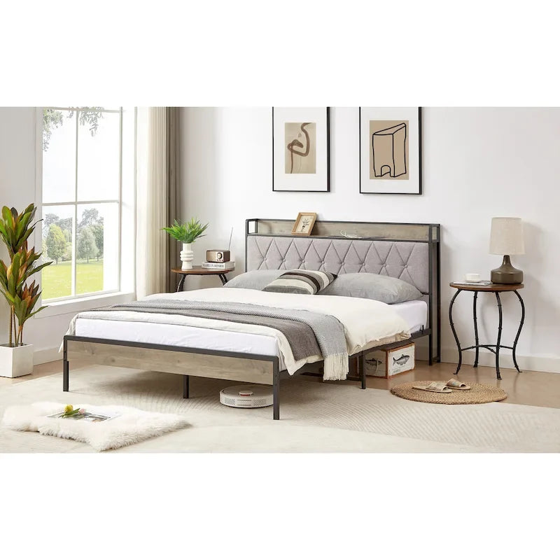 Lit plateforme Queen gris avec tête de lit de rangement, assemblage par 1 personne