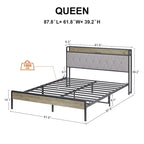 Lit plateforme Queen gris avec tête de lit de rangement, assemblage par 1 personne