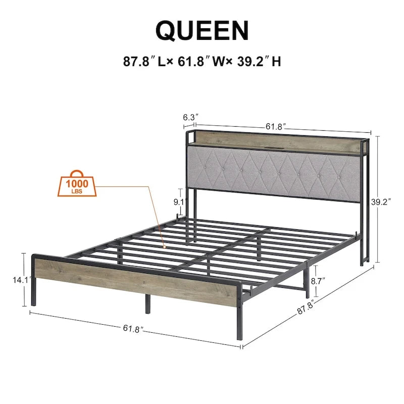Lit plateforme Queen gris avec tête de lit de rangement, assemblage par 1 personne