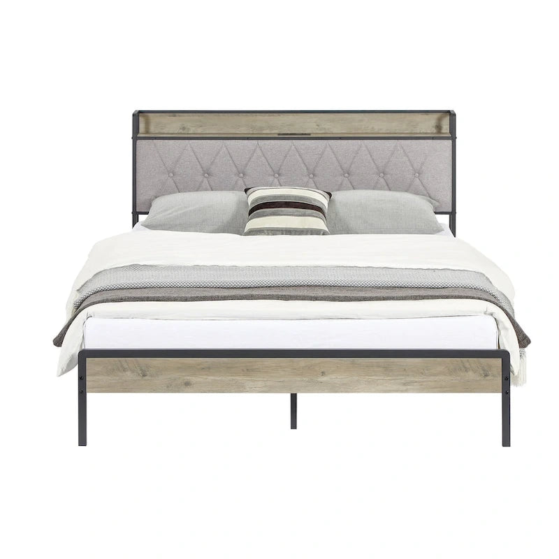Lit plateforme Queen gris avec tête de lit de rangement, assemblage par 1 personne