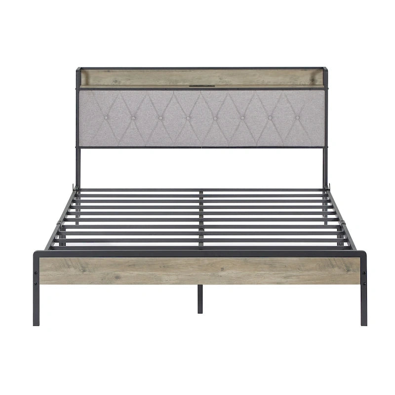 Lit plateforme Queen gris avec tête de lit de rangement, assemblage par 1 personne
