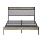 Lit plateforme Queen gris avec tête de lit de rangement, assemblage par 1 personne