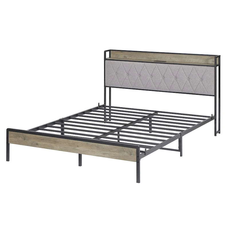 Lit plateforme Queen gris avec tête de lit de rangement, assemblage par 1 personne